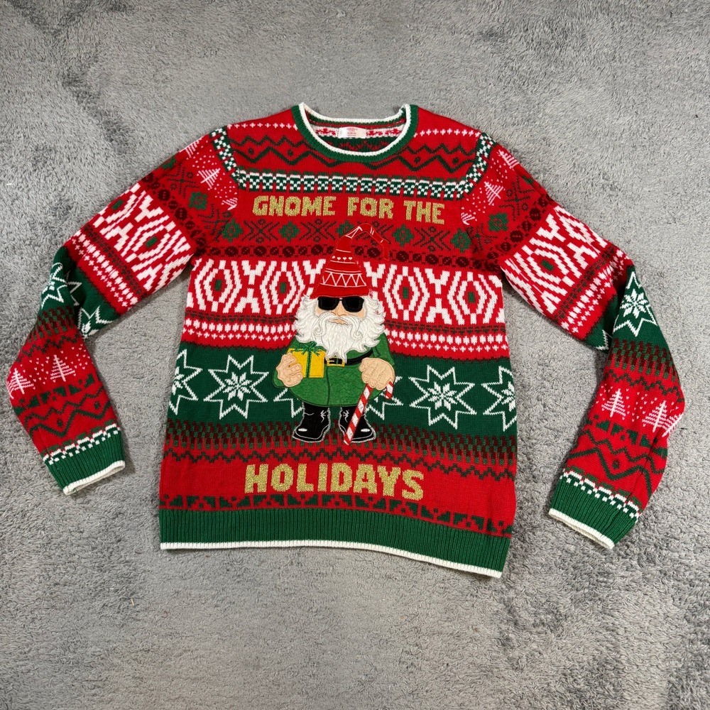 Holiday Time Mens Gnome For The Holidays Ugly Christmas Sweater M Red Green